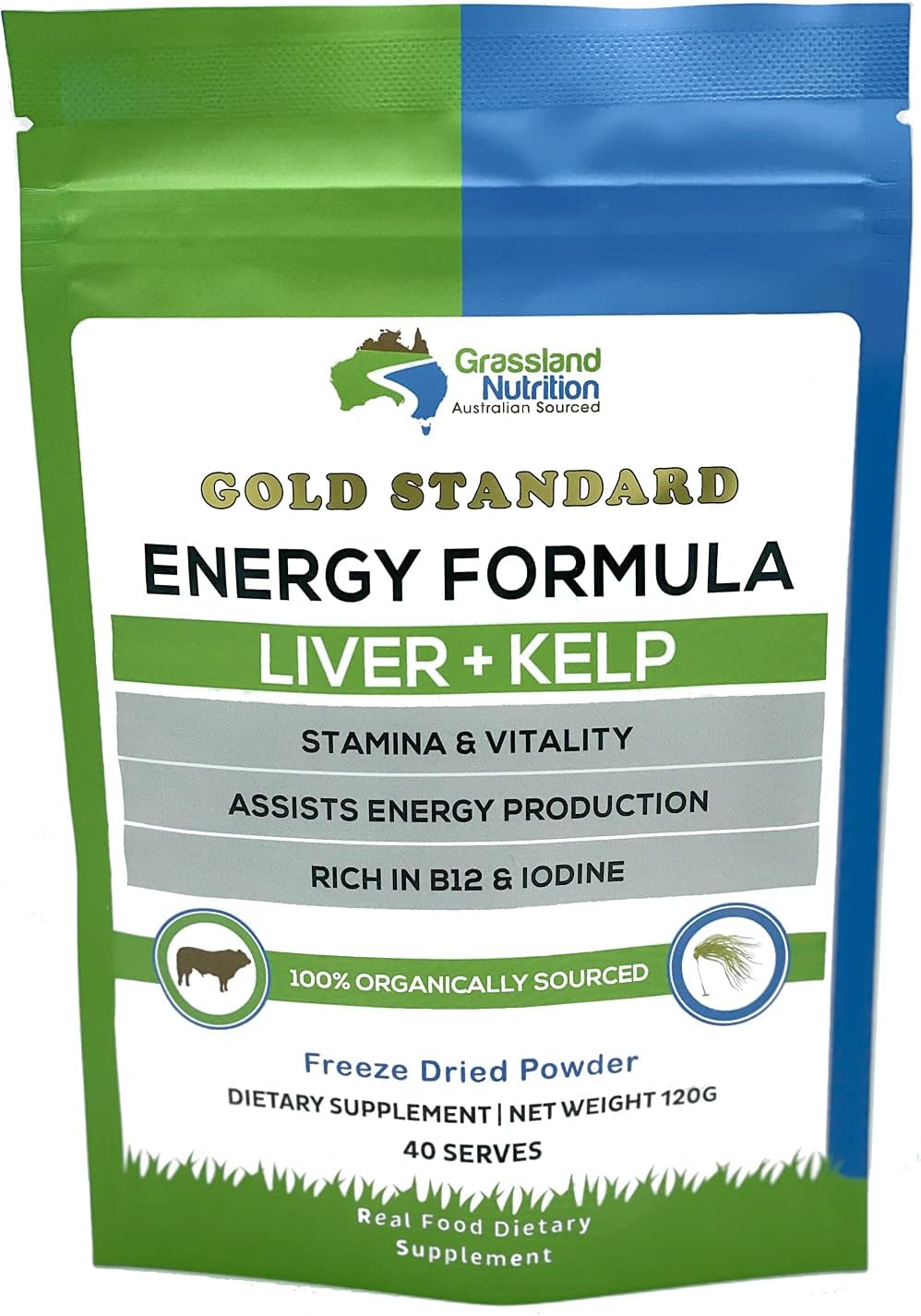 Grass-Fed Beef Liver & Wild Harvested Kelp Energy Formula - Rich in B12, Iodine, Iron, Vitamin A (120g Powder)