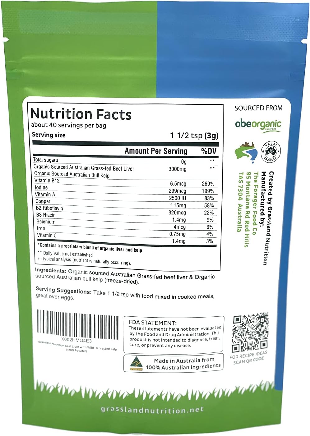 Grass-Fed Beef Liver & Wild Harvested Kelp Energy Formula - Rich in B12, Iodine, Iron, Vitamin A (120g Powder)