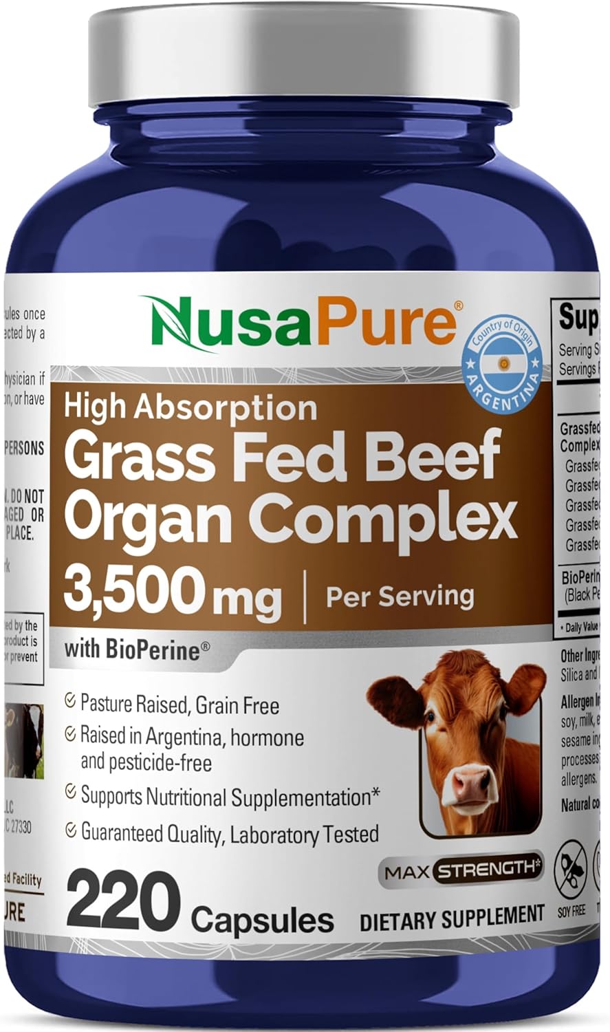 Grass Fed Beef Organ Complex Capsules with Desiccated Liver, Kidney, Pancreas, Heart, Spleen - 220 Count, Pasture Raised, Non-GMO, Soyfree - Includes Bioperine
