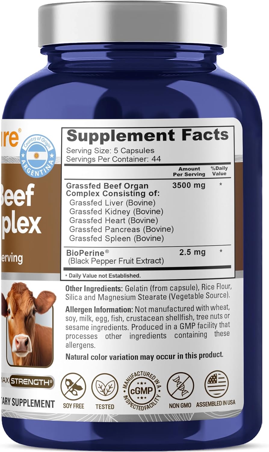 Grass Fed Beef Organ Complex Capsules with Desiccated Liver, Kidney, Pancreas, Heart, Spleen - 220 Count, Pasture Raised, Non-GMO, Soyfree - Includes Bioperine