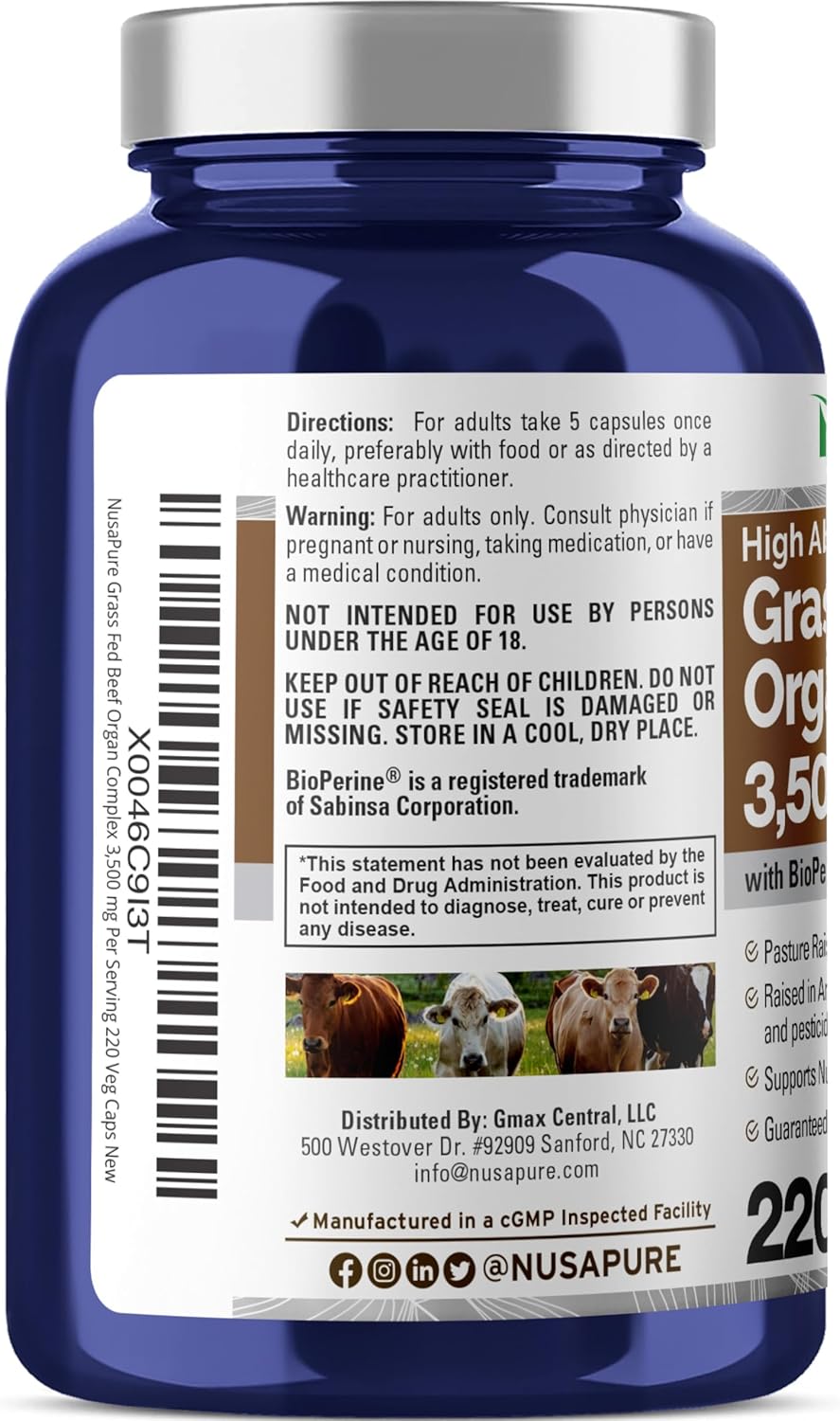 Grass Fed Beef Organ Complex Capsules with Desiccated Liver, Kidney, Pancreas, Heart, Spleen - 220 Count, Pasture Raised, Non-GMO, Soyfree - Includes Bioperine