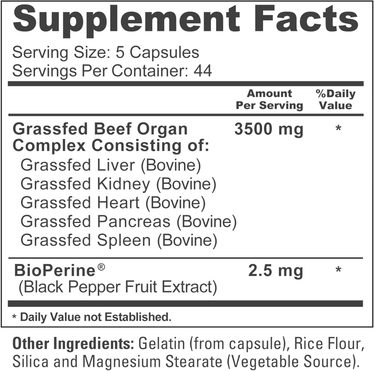 Grass Fed Beef Organ Complex Capsules with Desiccated Liver, Kidney, Pancreas, Heart, Spleen - 220 Count, Pasture Raised, Non-GMO, Soyfree - Includes Bioperine
