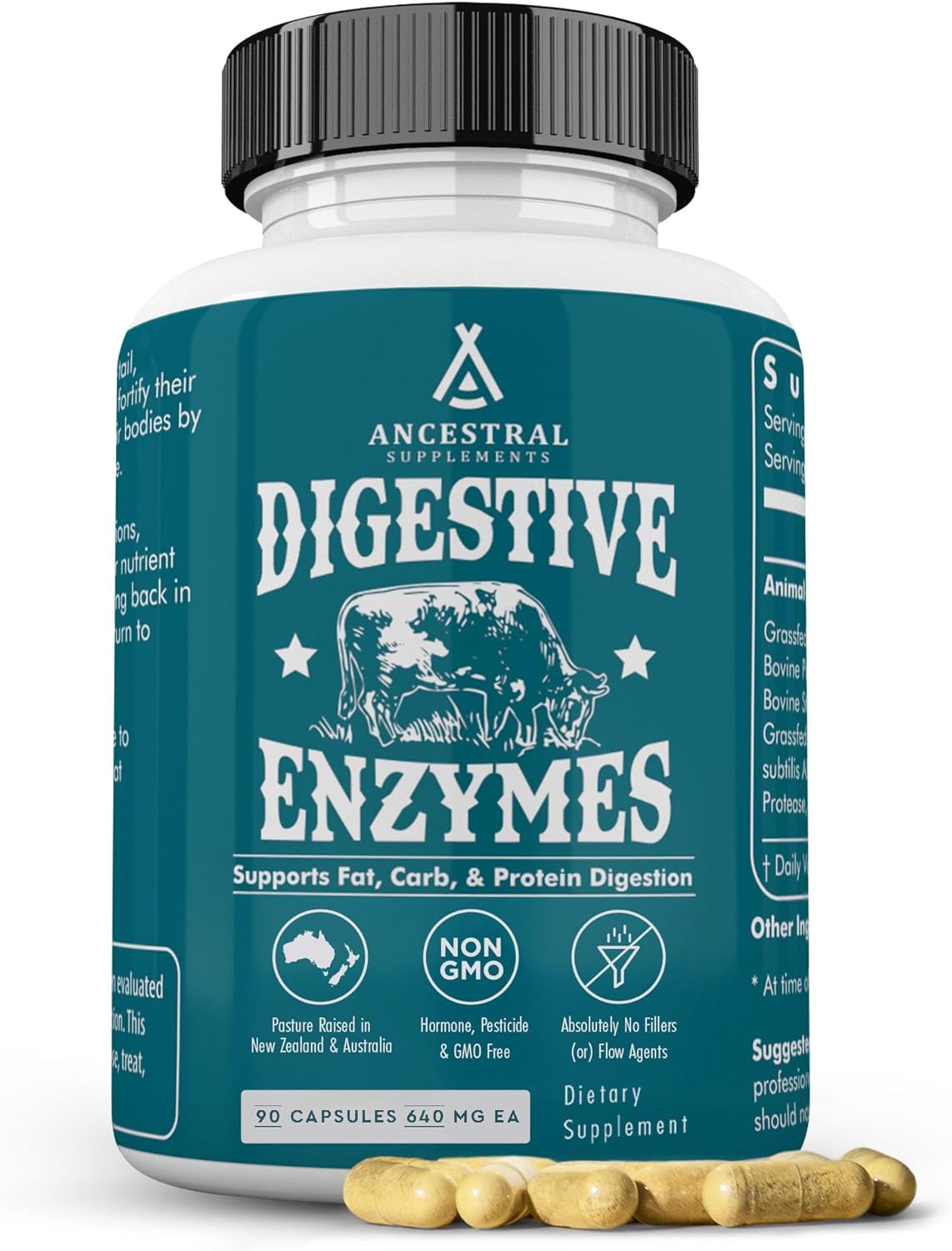 Grass-Fed Beef Organ Digestive Enzymes with Probiotics, 90 Capsules - Supports Gut Health, Nutrient Absorption - Non-GMO, Allergen-Free for Men & Women