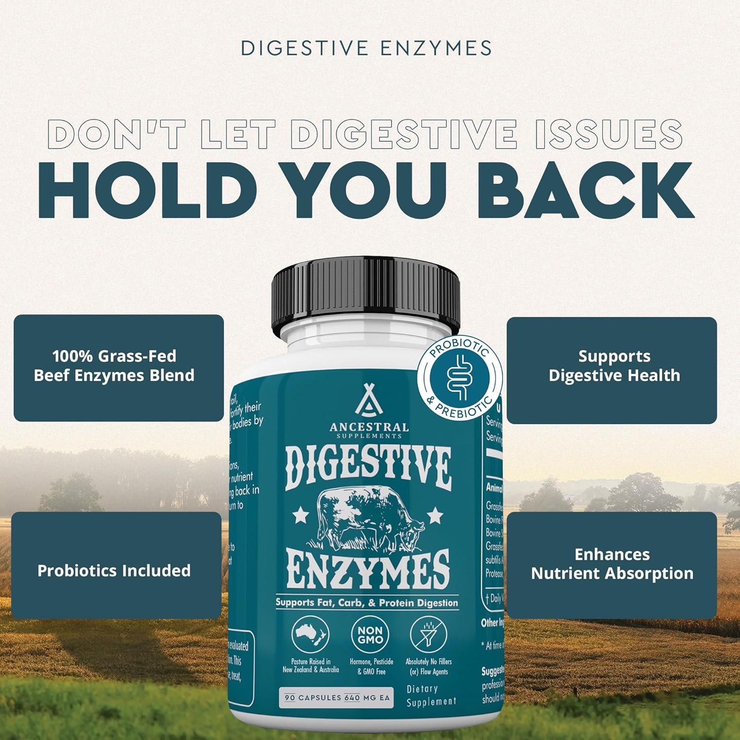 Grass-Fed Beef Organ Digestive Enzymes with Probiotics, 90 Capsules - Supports Gut Health, Nutrient Absorption - Non-GMO, Allergen-Free for Men & Women
