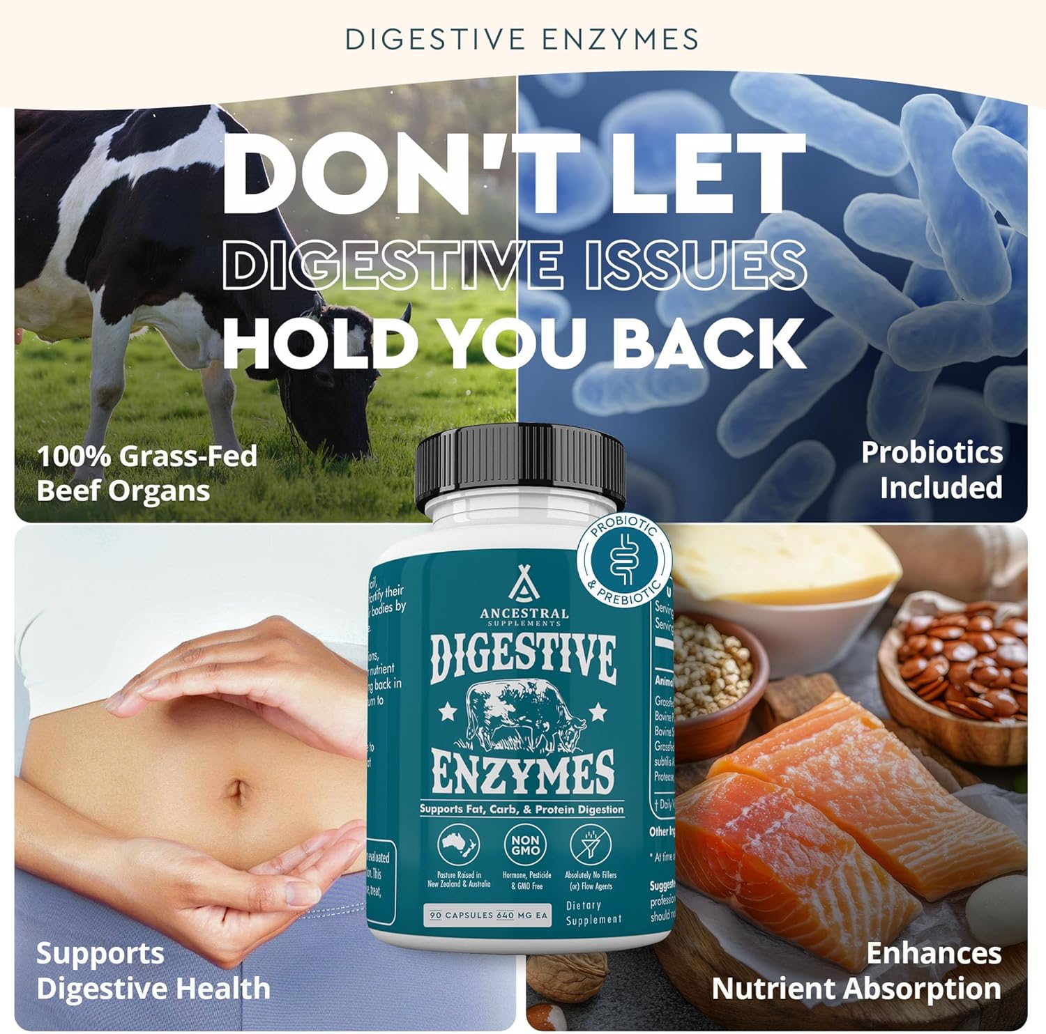 Grass-Fed Beef Organ Digestive Enzymes with Probiotics, 90 Capsules - Supports Gut Health, Nutrient Absorption - Non-GMO, Allergen-Free for Men & Women