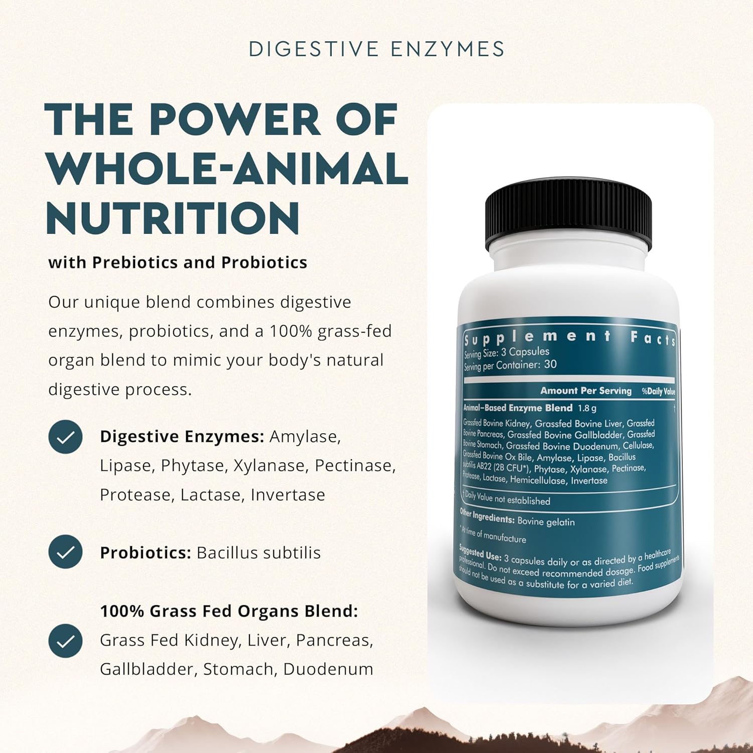 Grass-Fed Beef Organ Digestive Enzymes with Probiotics, 90 Capsules - Supports Gut Health, Nutrient Absorption - Non-GMO, Allergen-Free for Men & Women