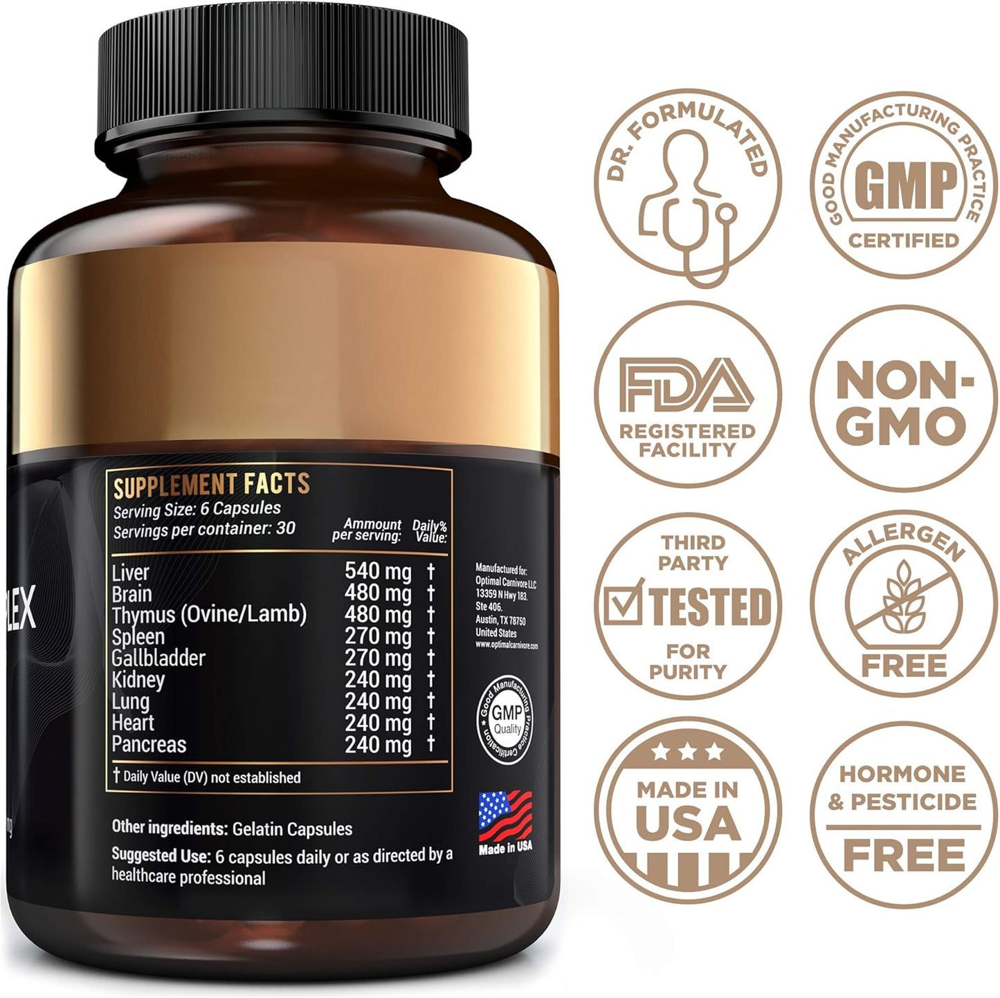 Grass-Fed Beef Organ Supplement for Men & Women - 9 Organ Complex, Including Liver, Brain, Thymus, Lung, Gallbladder