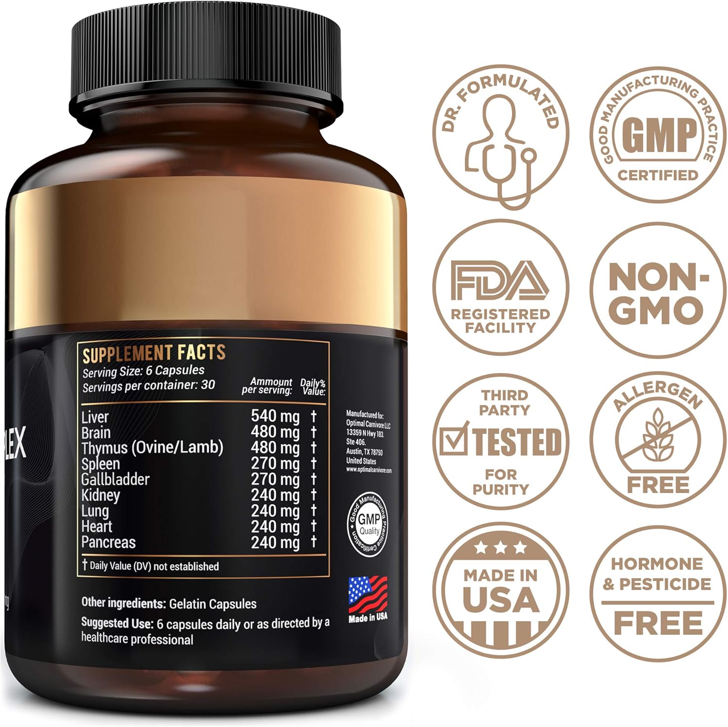 Grass-Fed Beef Organ Supplement for Men & Women - 9 Organ Complex, Including Liver, Brain, Thymus, Lung, Gallbladder