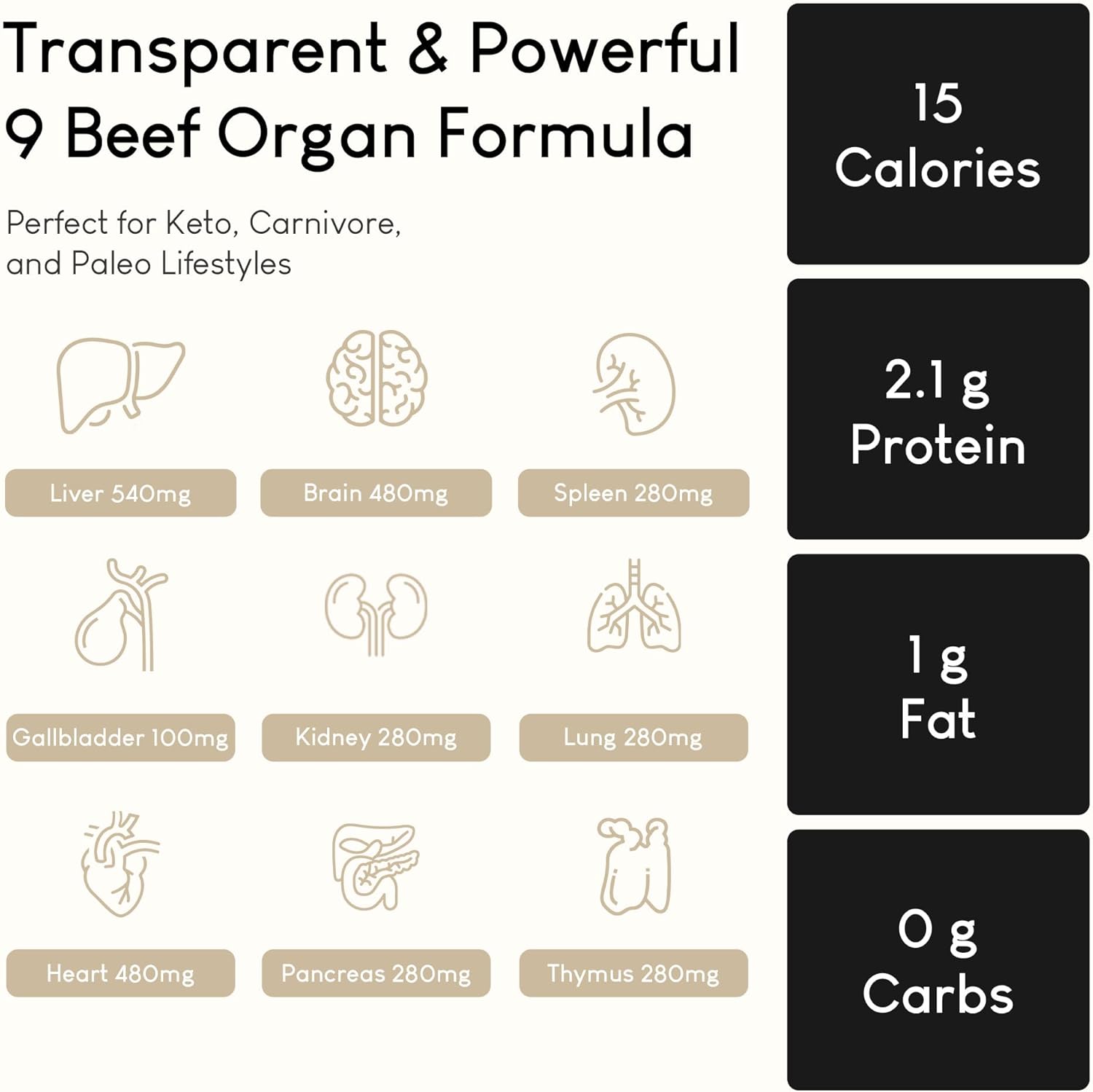 Grass-Fed Beef Organ Supplement for Men & Women - 9 Organ Complex, Including Liver, Brain, Thymus, Lung, Gallbladder
