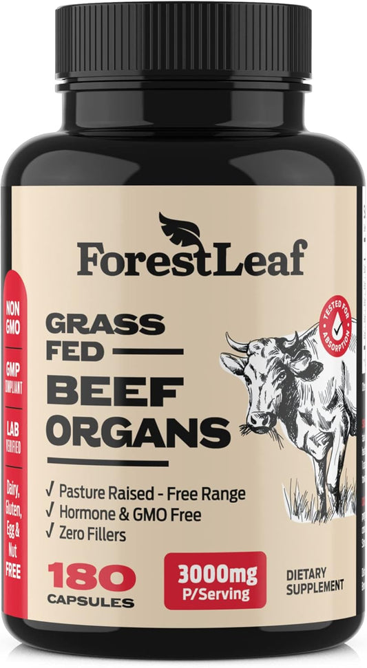Grass-Fed Beef Organ Supplement for Total Body Wellness - 3000mg Organ Complex with Liver, Heart, Kidney, Pancreas, Spleen - 180 Capsules