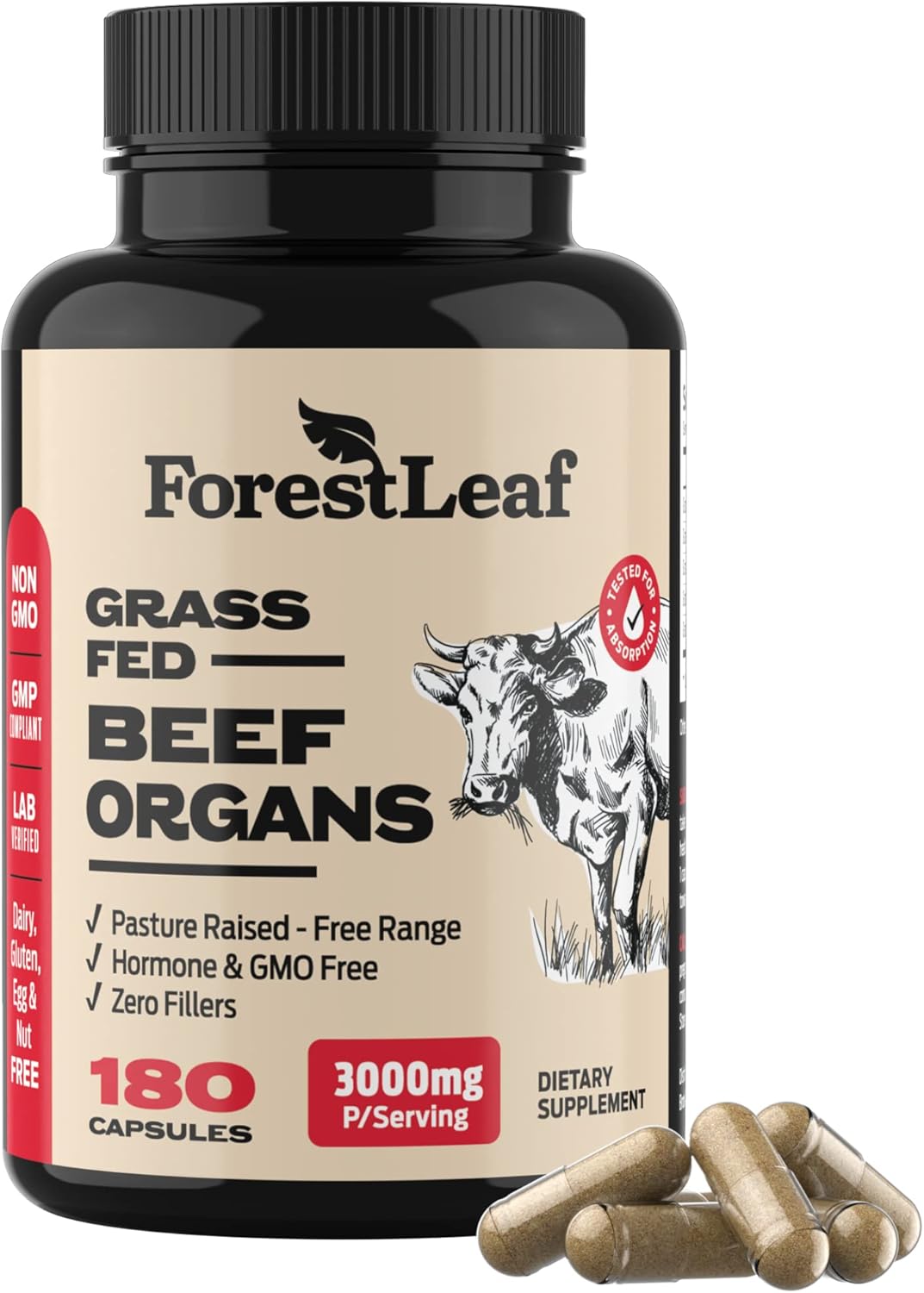 Grass-Fed Beef Organ Supplement for Total Body Wellness - 3000mg Organ Complex with Liver, Heart, Kidney, Pancreas, Spleen - 180 Capsules