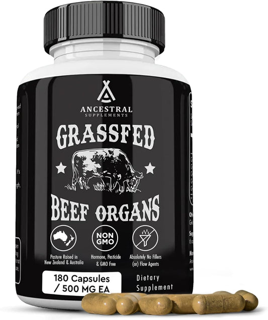 Grass Fed Beef Organ Supplement for Whole Body Wellness - Liver, Heart, Kidney, Pancreas, Spleen - Non-GMO, 180 Capsules