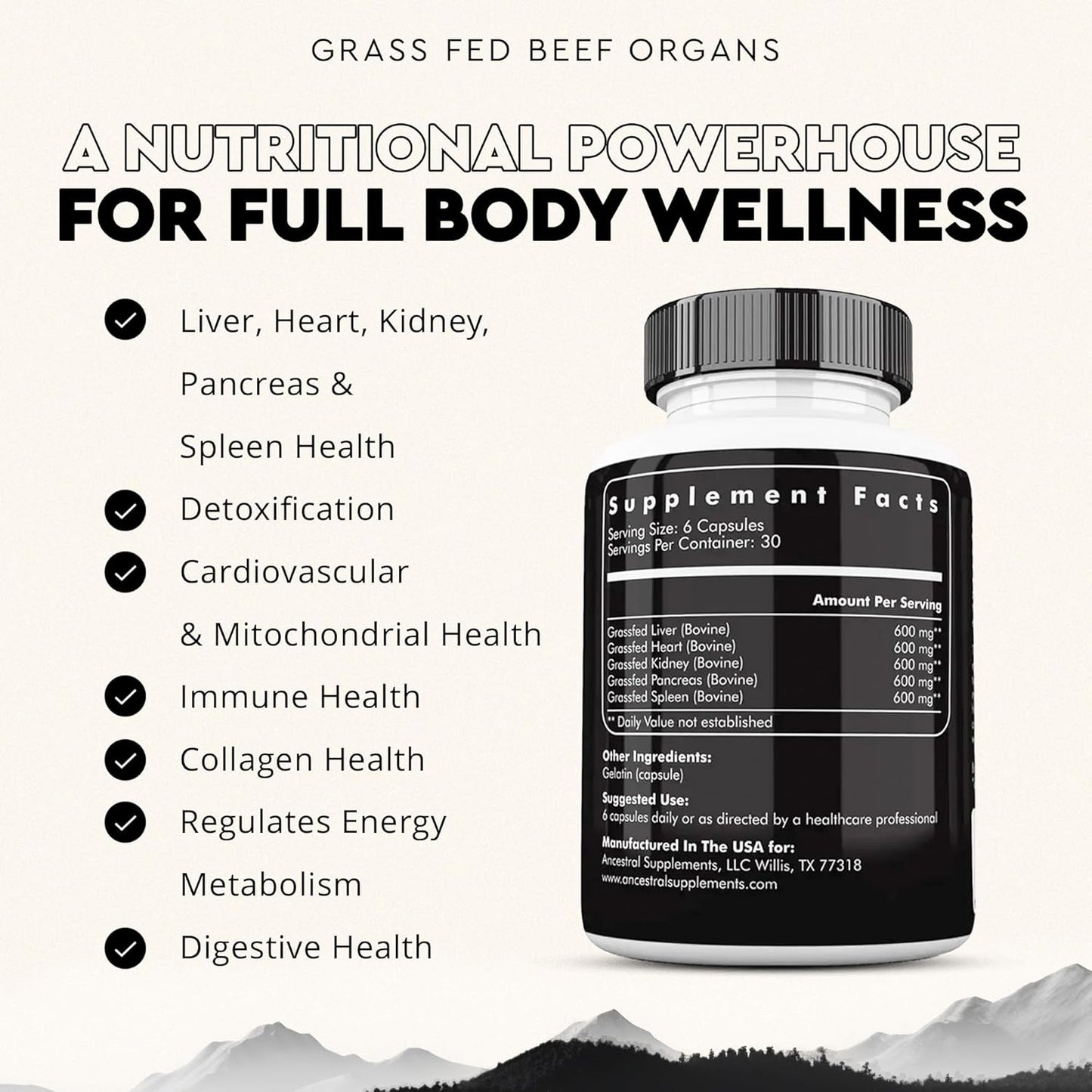 Grass Fed Beef Organ Supplement for Whole Body Wellness - Liver, Heart, Kidney, Pancreas, Spleen - Non-GMO, 180 Capsules