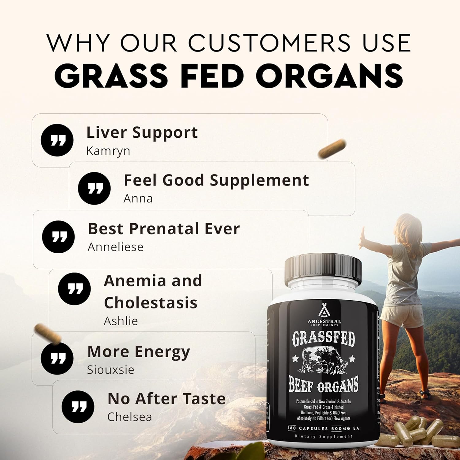 Grass Fed Beef Organ Supplement for Whole Body Wellness - Liver, Heart, Kidney, Pancreas, Spleen - Non-GMO, 180 Capsules