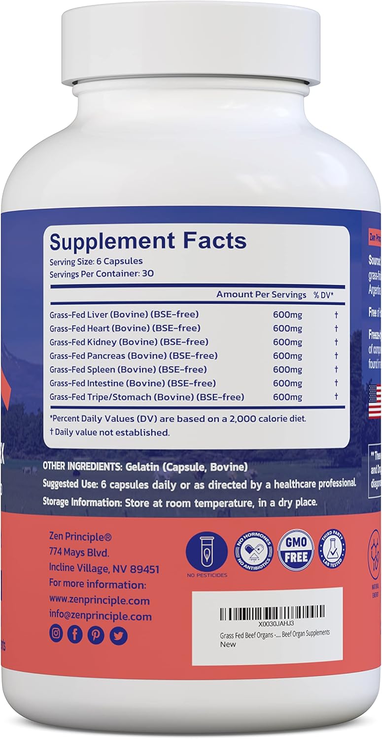 Grass Fed Beef Organ Supplements - Desiccated Liver, Heart, Kidney, Pancreas, Spleen, Intestine, Tripe/Stomach - Zen Principle