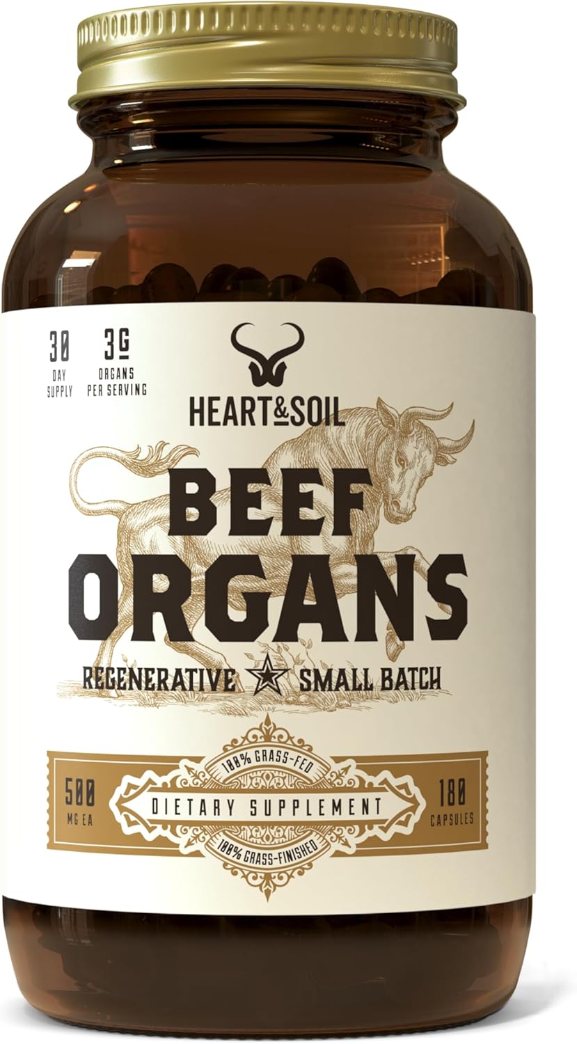 Grass-Fed Beef Organs Complex - Liver, Heart, Kidney, Pancreas, Spleen - Nose to Tail Nutrition - 180 Capsules
