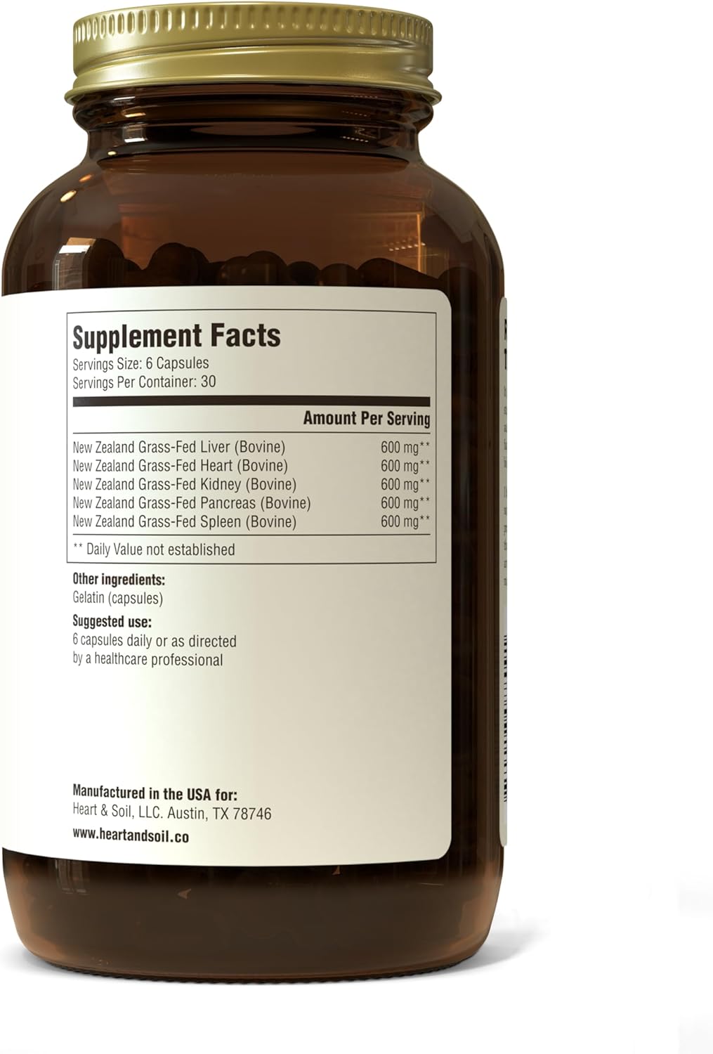 Grass-Fed Beef Organs Complex - Liver, Heart, Kidney, Pancreas, Spleen - Nose to Tail Nutrition - 180 Capsules