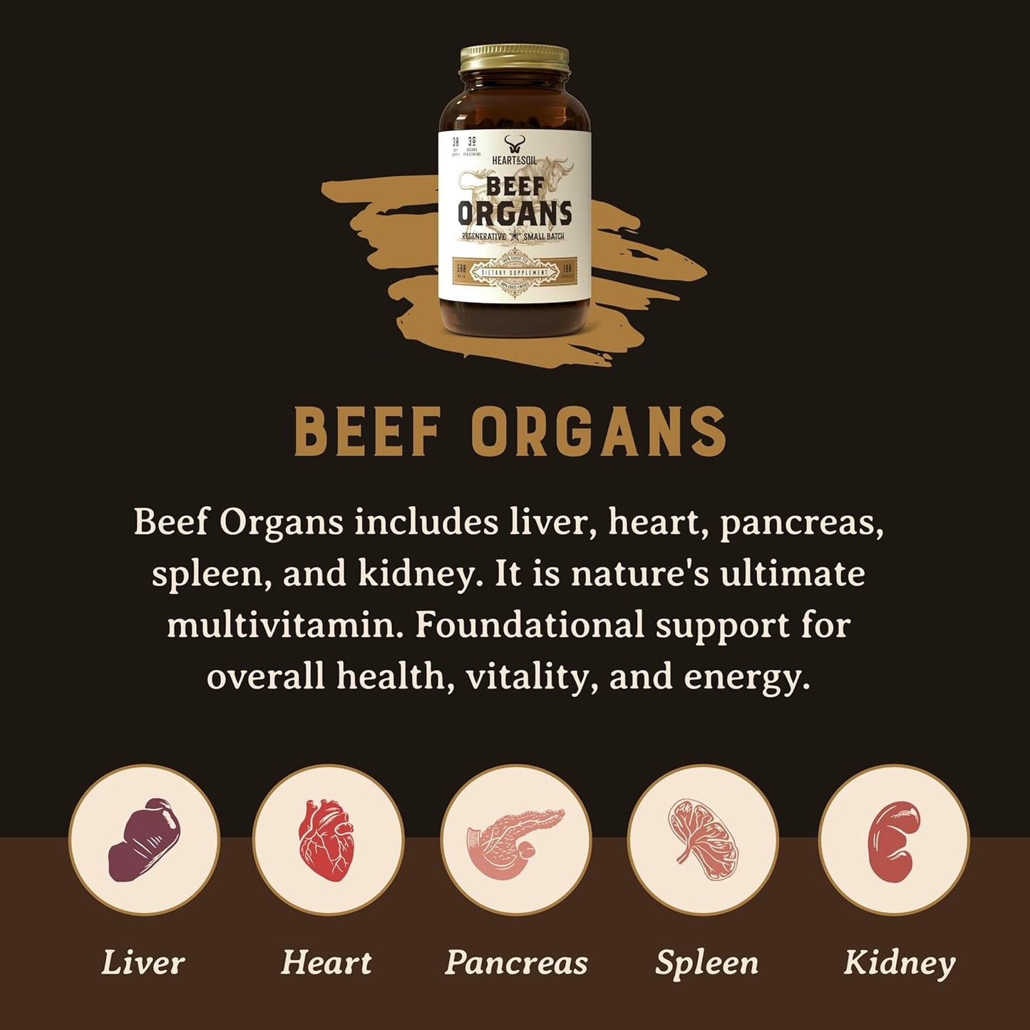 Grass-Fed Beef Organs Complex - Liver, Heart, Kidney, Pancreas, Spleen - Nose to Tail Nutrition - 180 Capsules