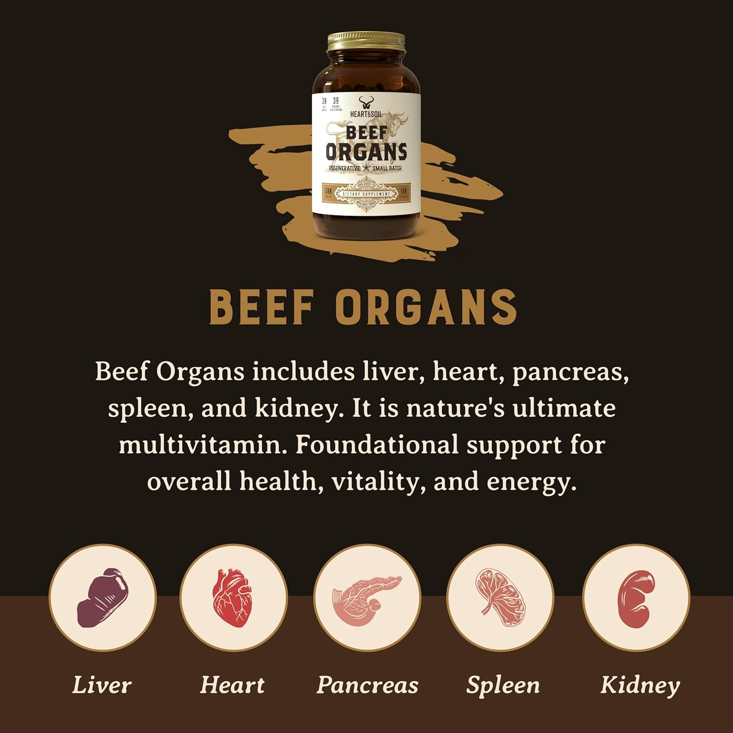 Grass-Fed Beef Organs Complex - Liver, Heart, Kidney, Pancreas, Spleen - Nose to Tail Nutrition - 180 Capsules