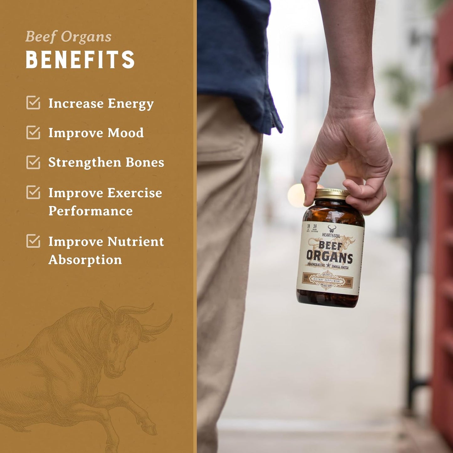 Grass-Fed Beef Organs Complex - Liver, Heart, Kidney, Pancreas, Spleen - Nose to Tail Nutrition - 180 Capsules