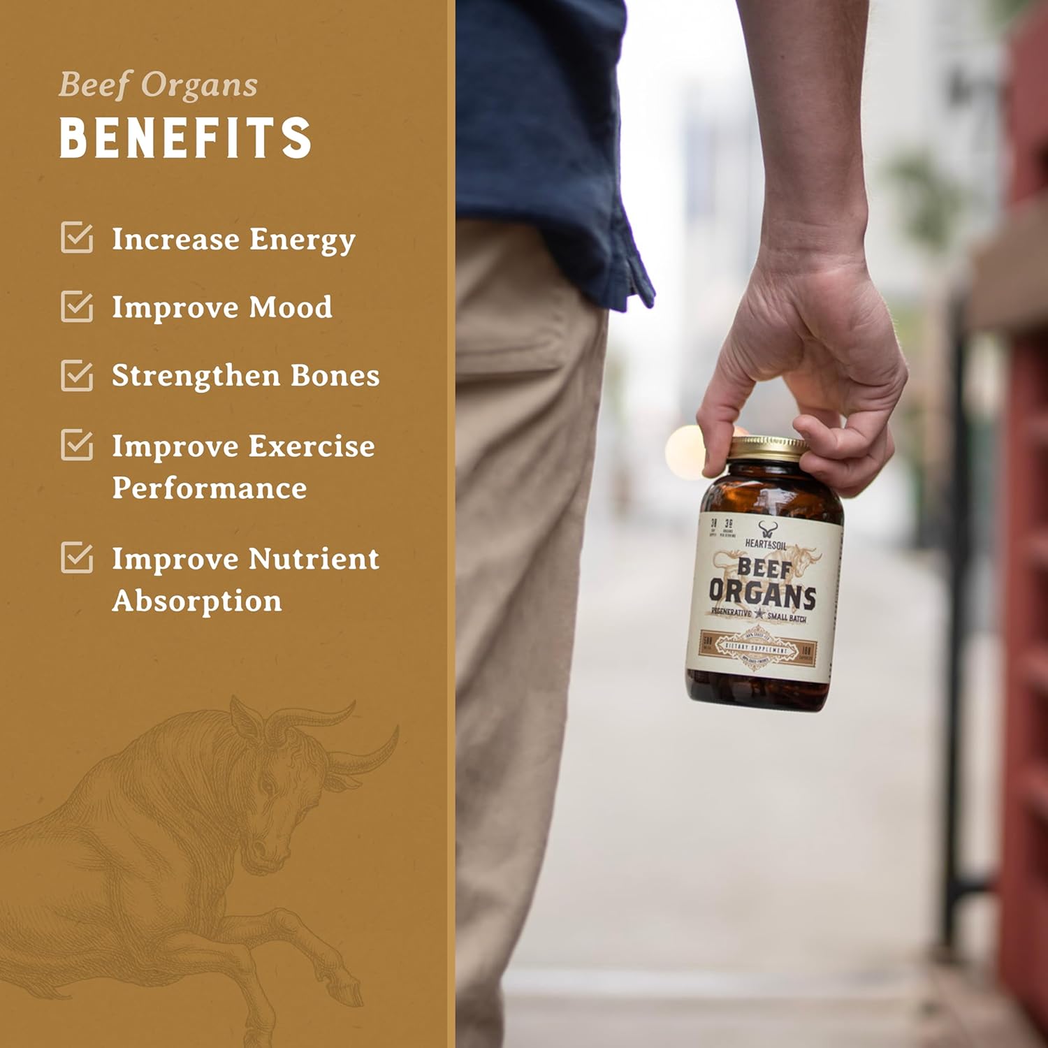 Grass-Fed Beef Organs Complex - Liver, Heart, Kidney, Pancreas, Spleen - Nose to Tail Nutrition - 180 Capsules