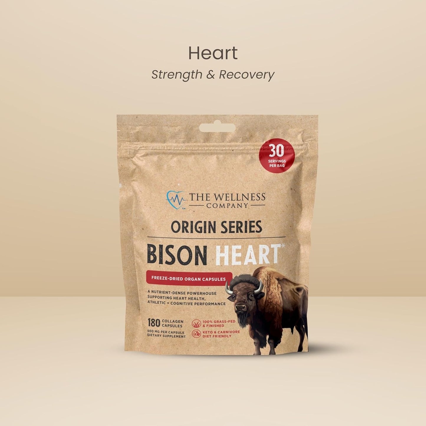 Grass-Fed Bison Heart Collagen Capsules | 1 Month Supply | Supports Strength, Recovery & Vitality | Non-GMO & Gluten-Free