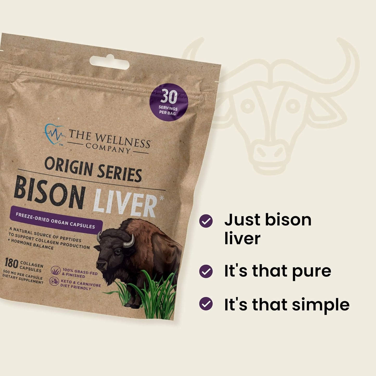 Grass-Fed Bison Liver Collagen Capsules - 1 Month Supply | Boosts Metabolism & Supports Collagen Production | Non-GMO & Gluten-Free