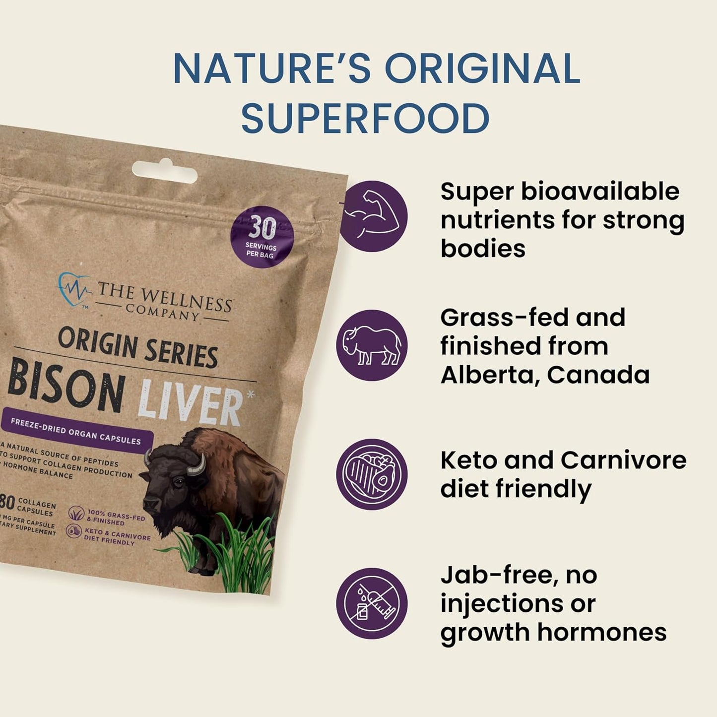 Grass-Fed Bison Liver Collagen Capsules - 1 Month Supply | Boosts Metabolism & Supports Collagen Production | Non-GMO & Gluten-Free