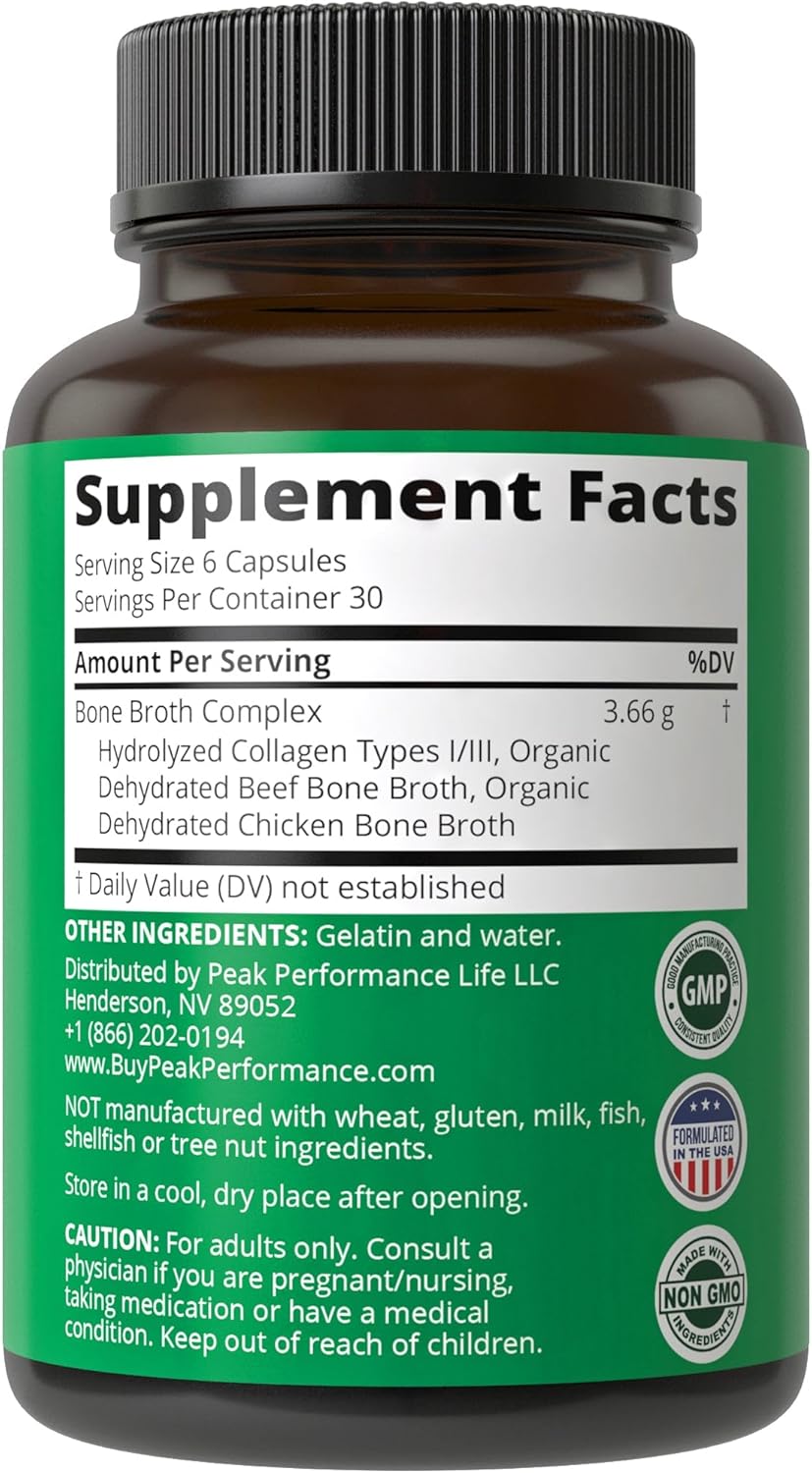 Grass Fed Bone Broth Collagen Capsules - 180 Pills, All 3 Types 1, 2, & 3, Pasture Raised Paleo Friendly Tablets for Men and Women