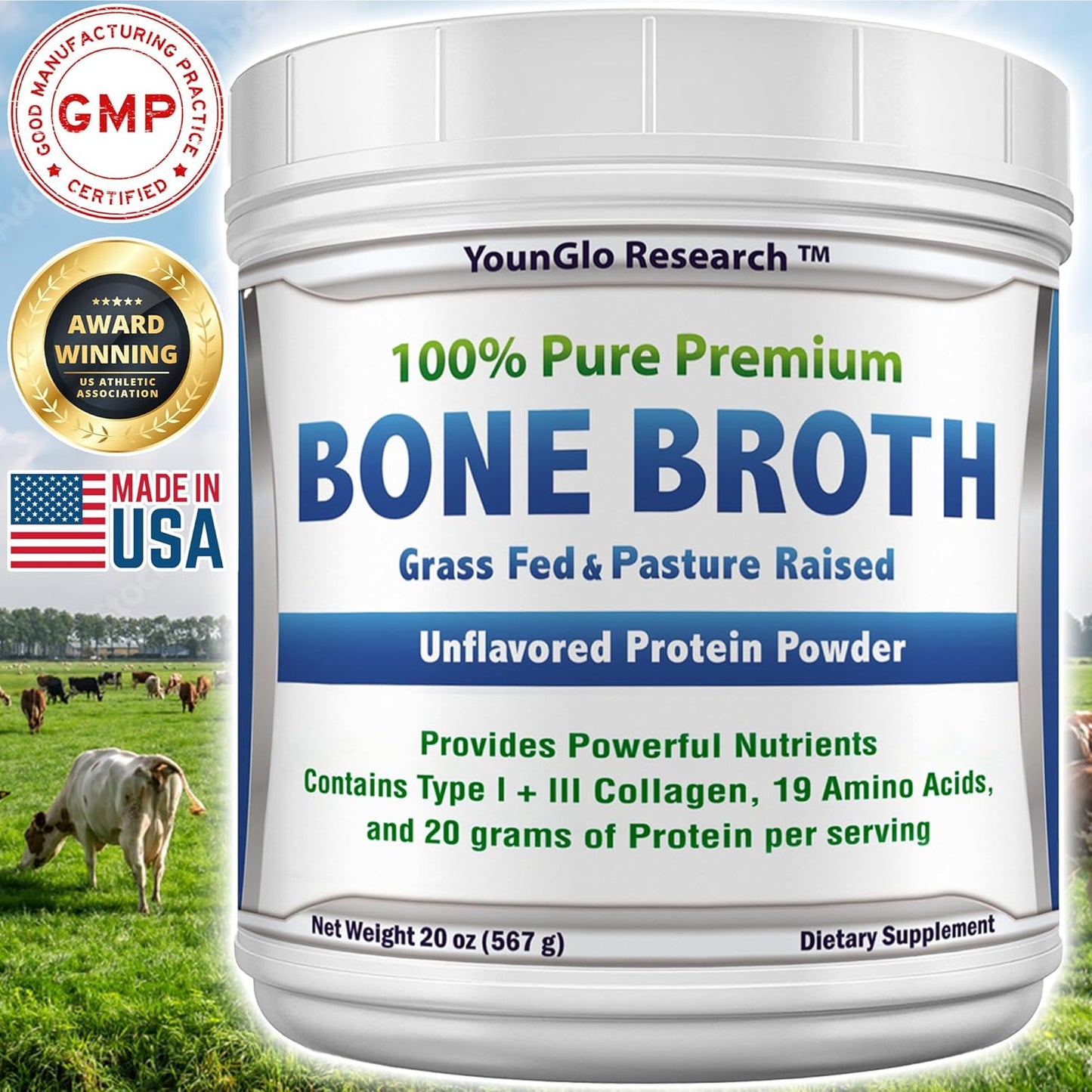 Grass Fed Bovine Bone Broth Beef Protein Powder 20 oz - High Collagen & Gelatin, Unflavored Keto Concentrate for Soups & Broths