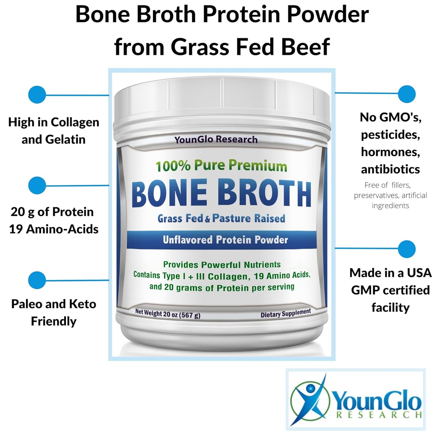 Grass Fed Bovine Bone Broth Beef Protein Powder 20 oz - High Collagen & Gelatin, Unflavored Keto Concentrate for Soups & Broths
