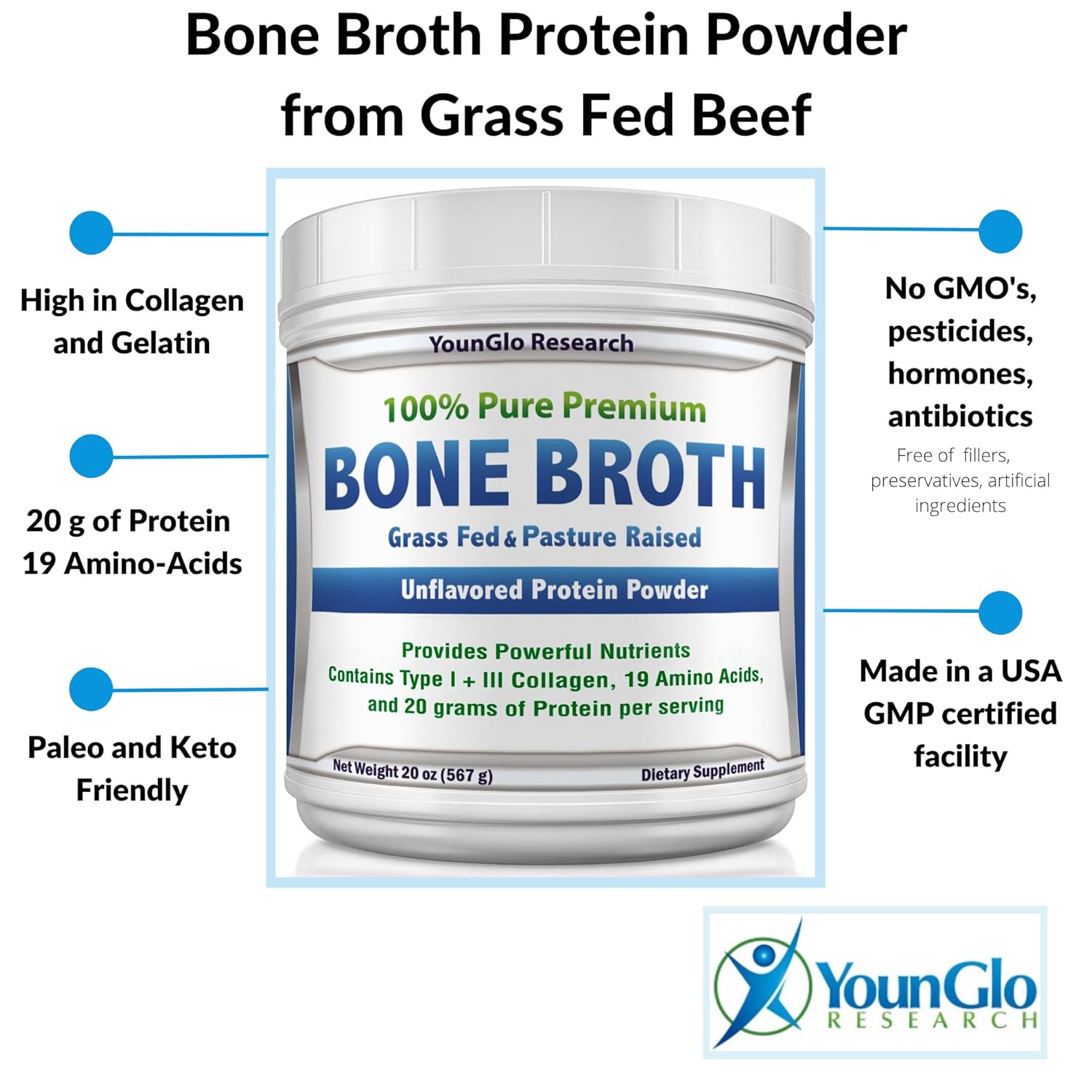 Grass Fed Bovine Bone Broth Beef Protein Powder 20 oz - High Collagen & Gelatin, Unflavored Keto Concentrate for Soups & Broths