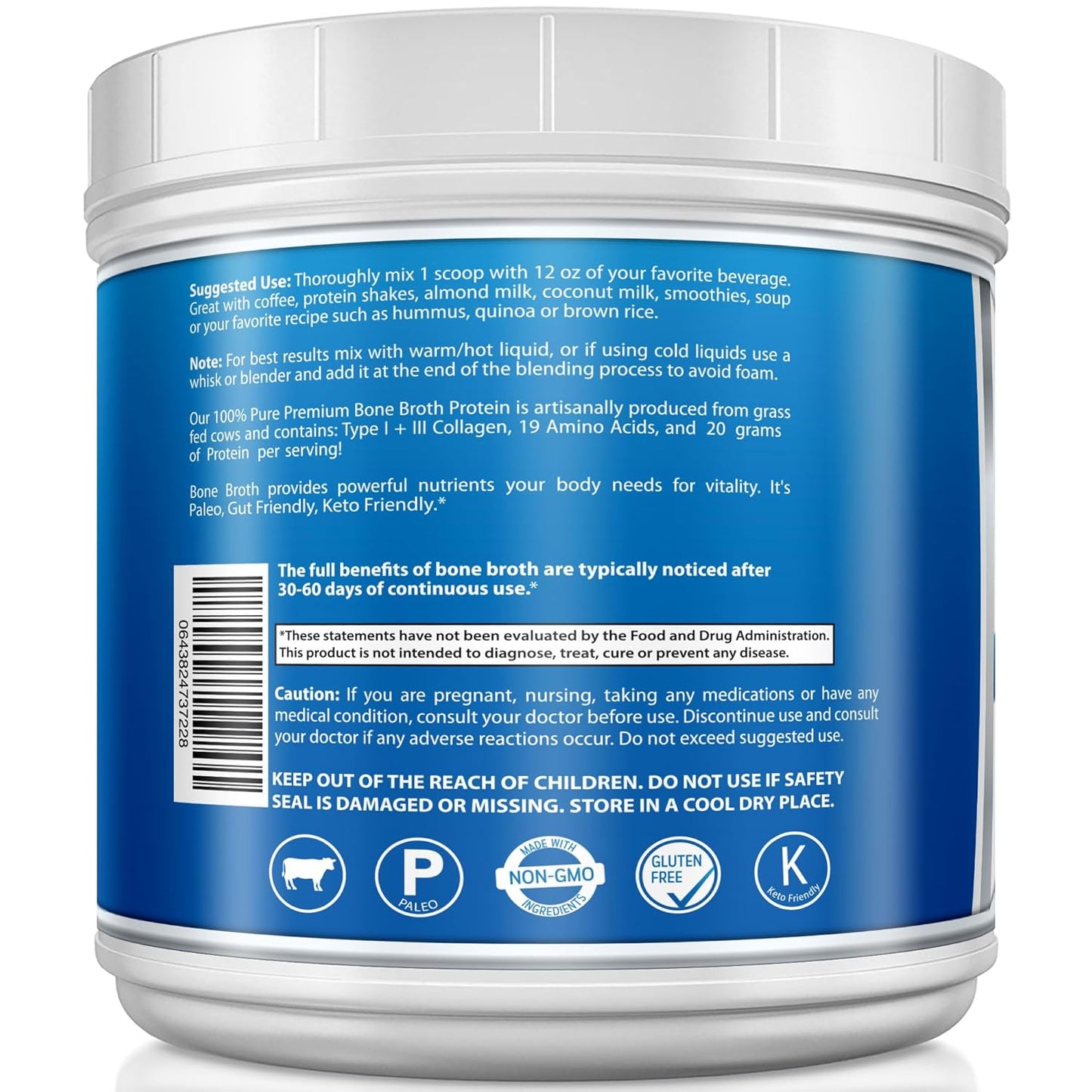 Grass Fed Bovine Bone Broth Beef Protein Powder 20 oz - High Collagen & Gelatin, Unflavored Keto Concentrate for Soups & Broths