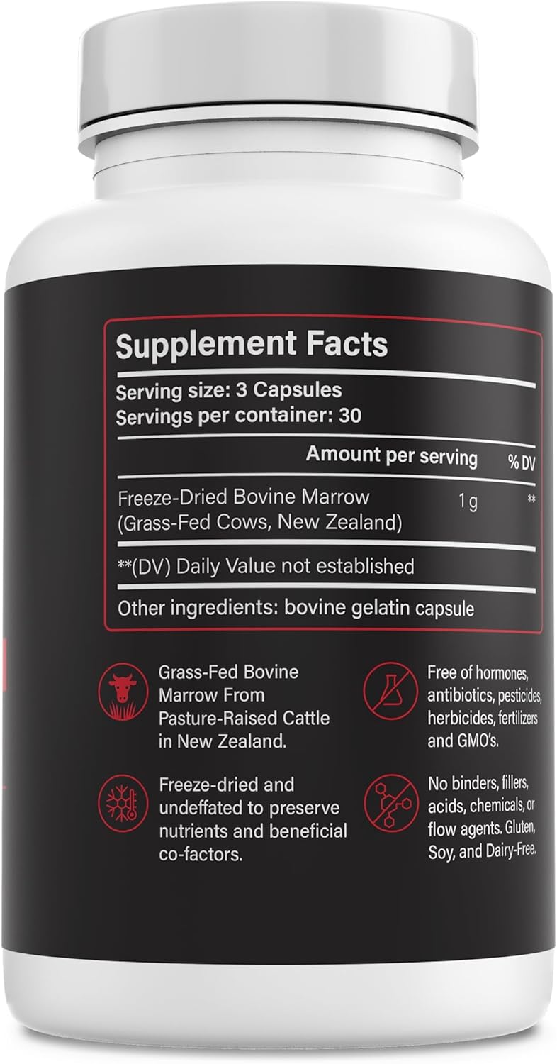 Grass-Fed Bovine Bone Marrow Capsules for Immunity, Kidney Support, and Blood Circulation - Contains K2 Vitamin, Calcium, Collagen, and CLA - 90 Count