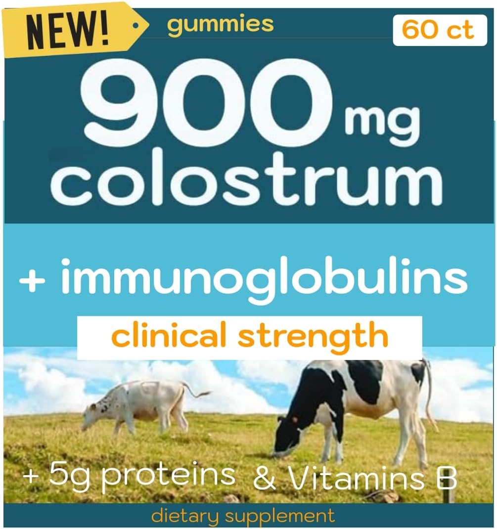 Grass Fed Bovine Colostrum Gummies 900mg | Immune Support for All Ages | Vitamin B Complex & Calcium-Rich | Sugar-Free Milk Protein Supplement