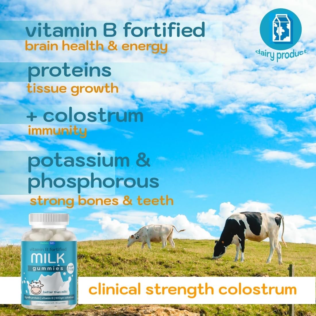 Grass Fed Bovine Colostrum Gummies 900mg | Immune Support for All Ages | Vitamin B Complex & Calcium-Rich | Sugar-Free Milk Protein Supplement