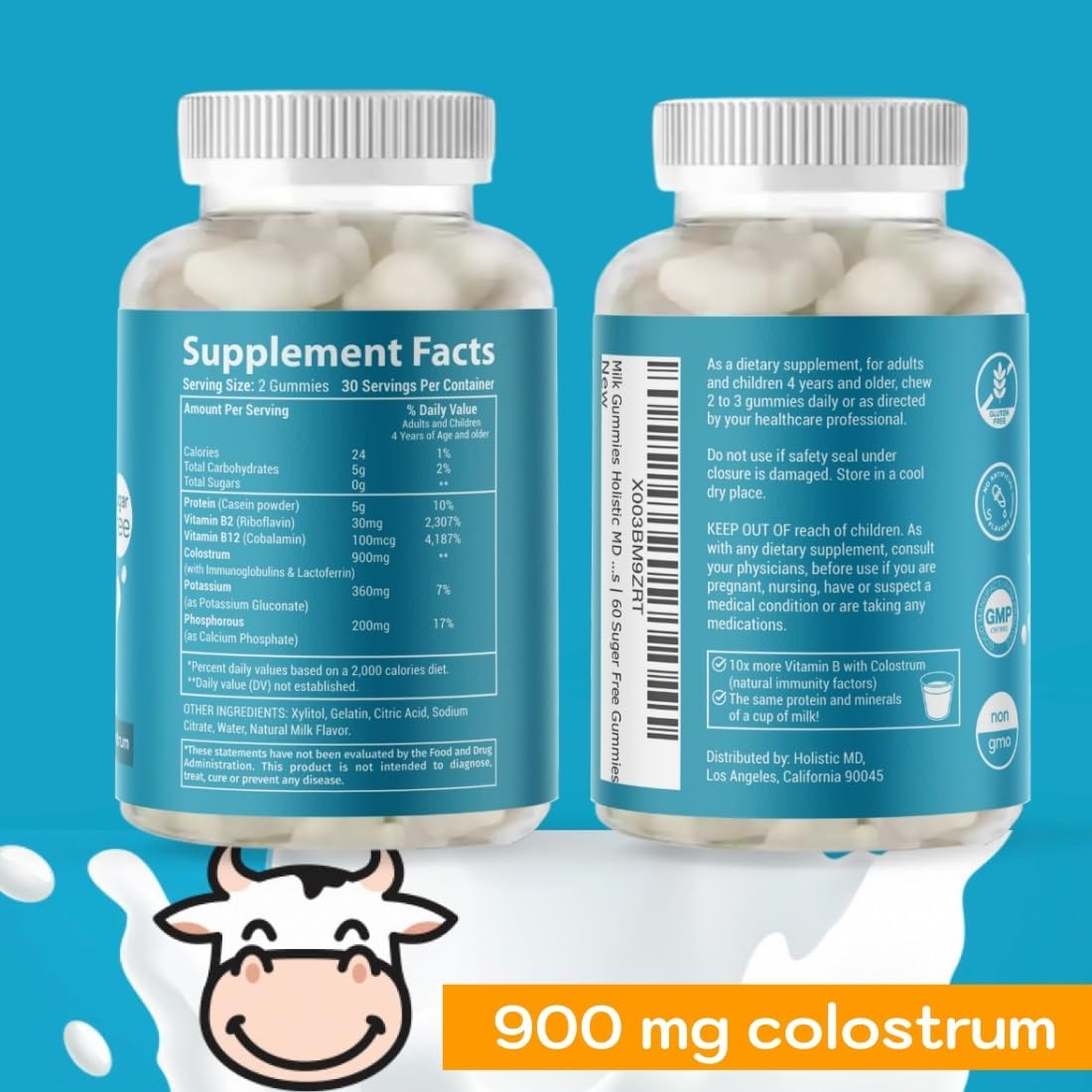 Grass Fed Bovine Colostrum Gummies 900mg | Immune Support for All Ages | Vitamin B Complex & Calcium-Rich | Sugar-Free Milk Protein Supplement