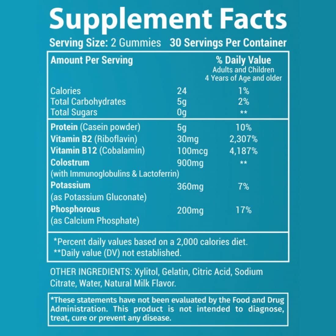 Grass Fed Bovine Colostrum Gummies 900mg | Immune Support for All Ages | Vitamin B Complex & Calcium-Rich | Sugar-Free Milk Protein Supplement
