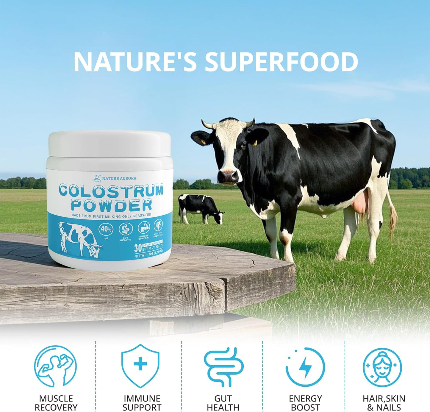 Grass-Fed Bovine Colostrum Powder Supplement - 4000mg 40% IgG for Gut Health, Hair Growth, and Immune Support - Unflavored, Easy to Mix, 30 Servings