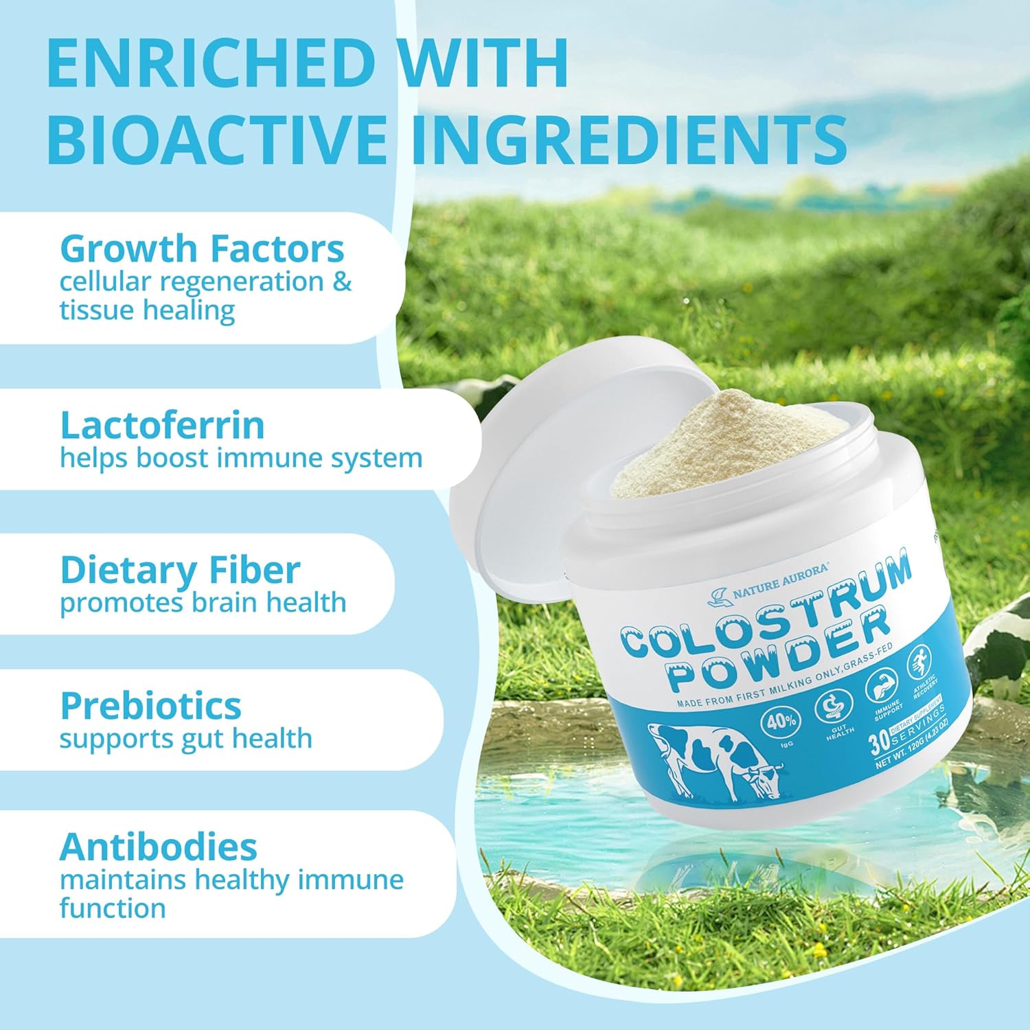 Grass-Fed Bovine Colostrum Powder Supplement - 4000mg 40% IgG for Gut Health, Hair Growth, and Immune Support - Unflavored, Easy to Mix, 30 Servings