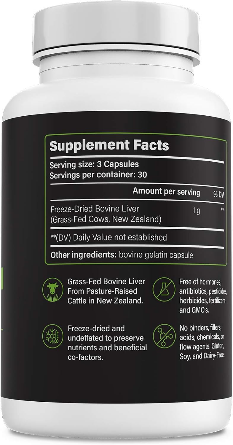 Grass-Fed Bovine Liver Capsules: Vitamin A, B12, Choline, Heme Iron Supplements - 90 Capsules