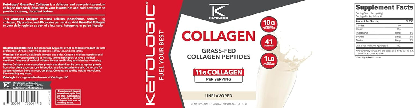 Grass-Fed Collagen Hydrolysate Powder - Unflavored, 41 Servings, 11g Collagen & 10g Protein Per Serving