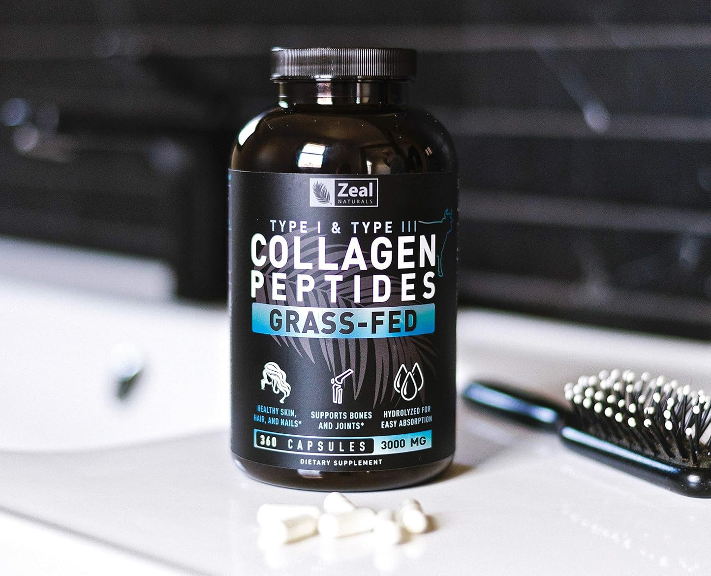 Grass-Fed Collagen Peptides Capsules (360 Count) for Hair, Skin, Nails, and Joints - Hydrolyzed Peptide Powder Supplement by Zeal Naturals