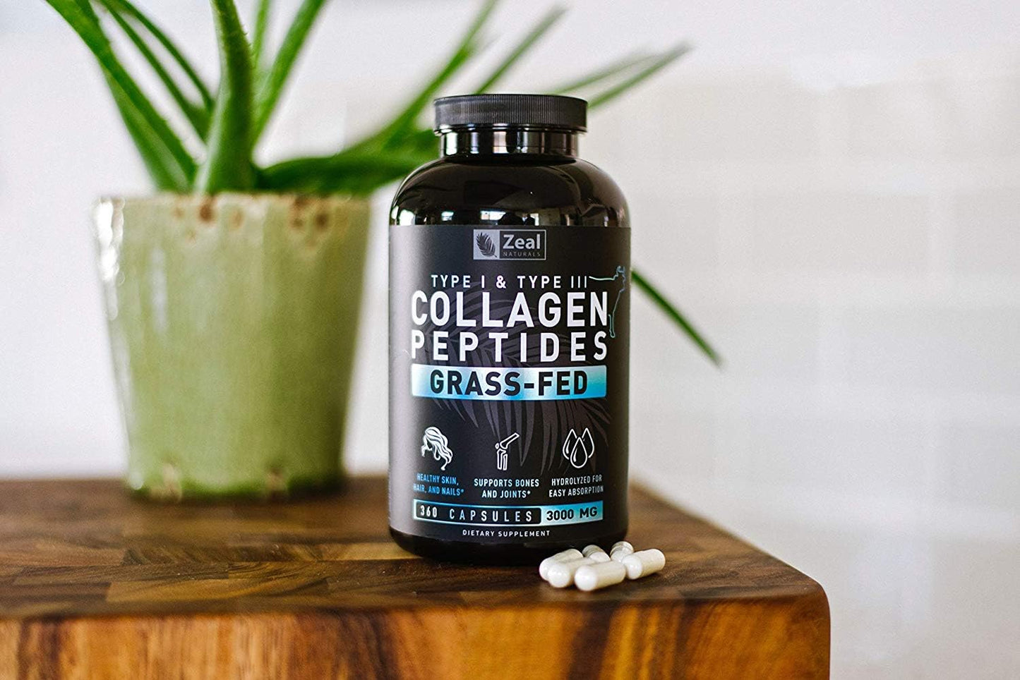 Grass-Fed Collagen Peptides Capsules (360 Count) for Hair, Skin, Nails, and Joints - Hydrolyzed Peptide Powder Supplement by Zeal Naturals