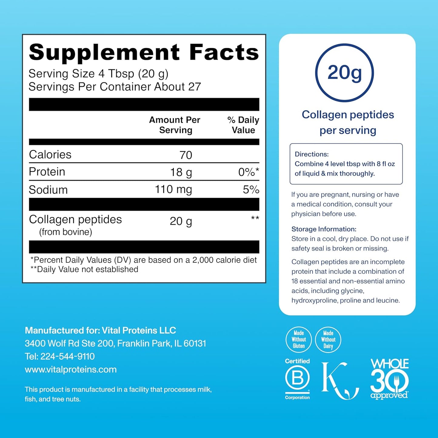 Grass Fed Collagen Peptides Powder for Hair, Skin, Nails, Bones, and Joints - Hydrolyzed Peptides, Zero Sugar, Unflavored - 19.3oz