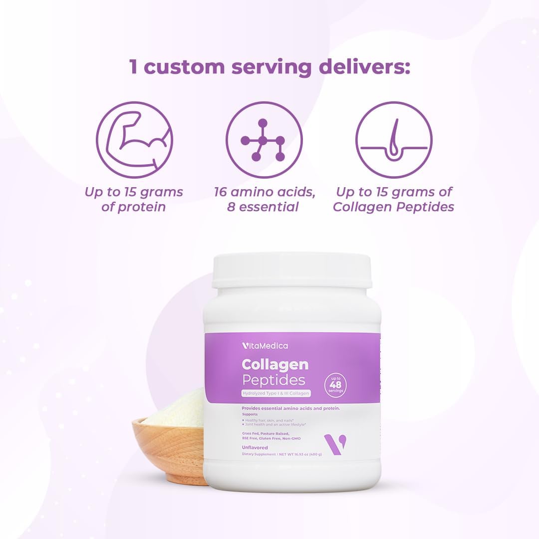 Grass-Fed Collagen Peptides Powder for Healthy Hair, Skin, Nails, Bones & Joints - Hydrolyzed Types I & III - Zero Sugar - 48 Servings