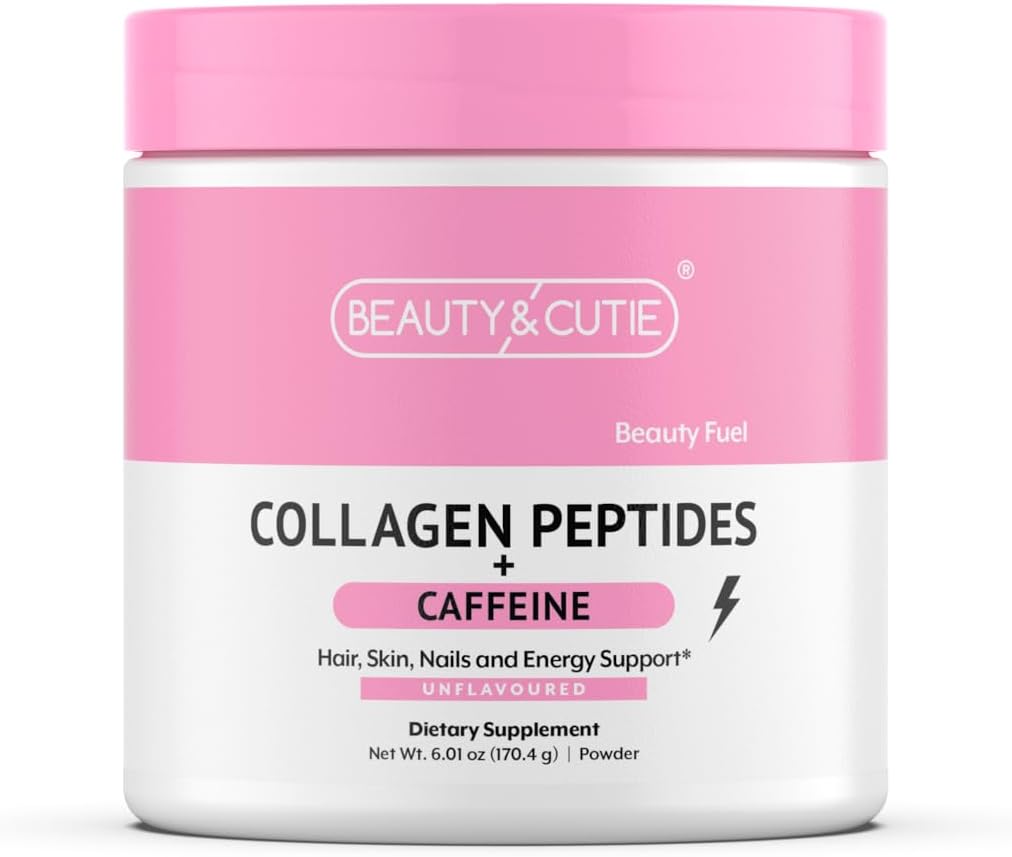 Grass Fed Collagen Peptides Powder with 200mg Caffeine for Hair, Skin, Nails, Energy - Gluten Free, Unflavored - 6.01oz