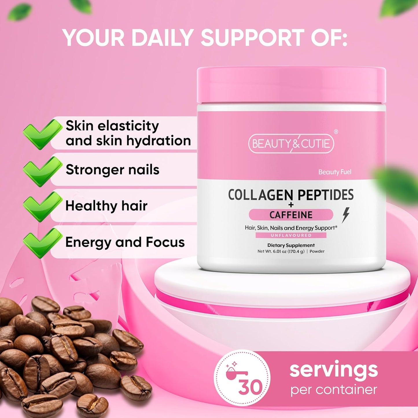 Grass Fed Collagen Peptides Powder with 200mg Caffeine for Hair, Skin, Nails, Energy - Gluten Free, Unflavored - 6.01oz