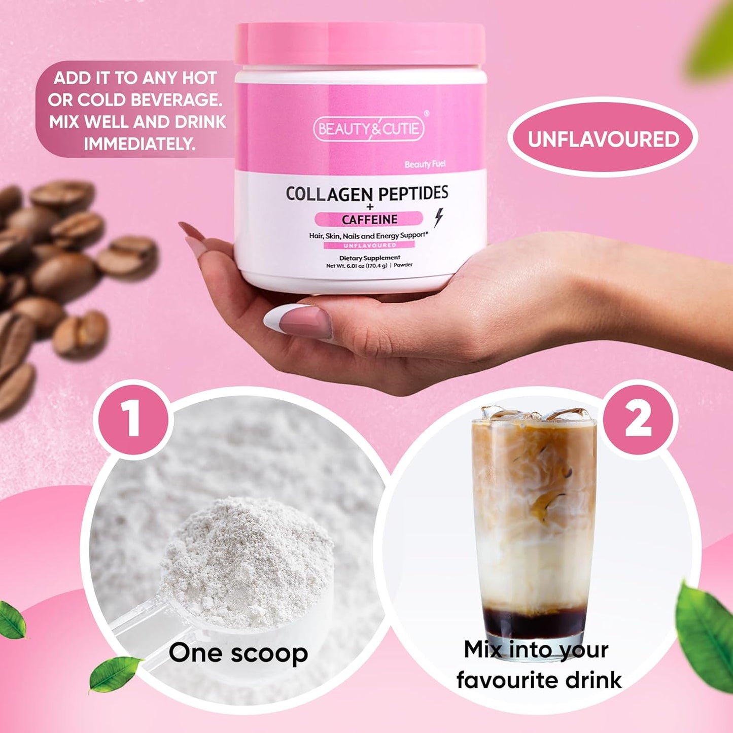 Grass Fed Collagen Peptides Powder with 200mg Caffeine for Hair, Skin, Nails, Energy - Gluten Free, Unflavored - 6.01oz