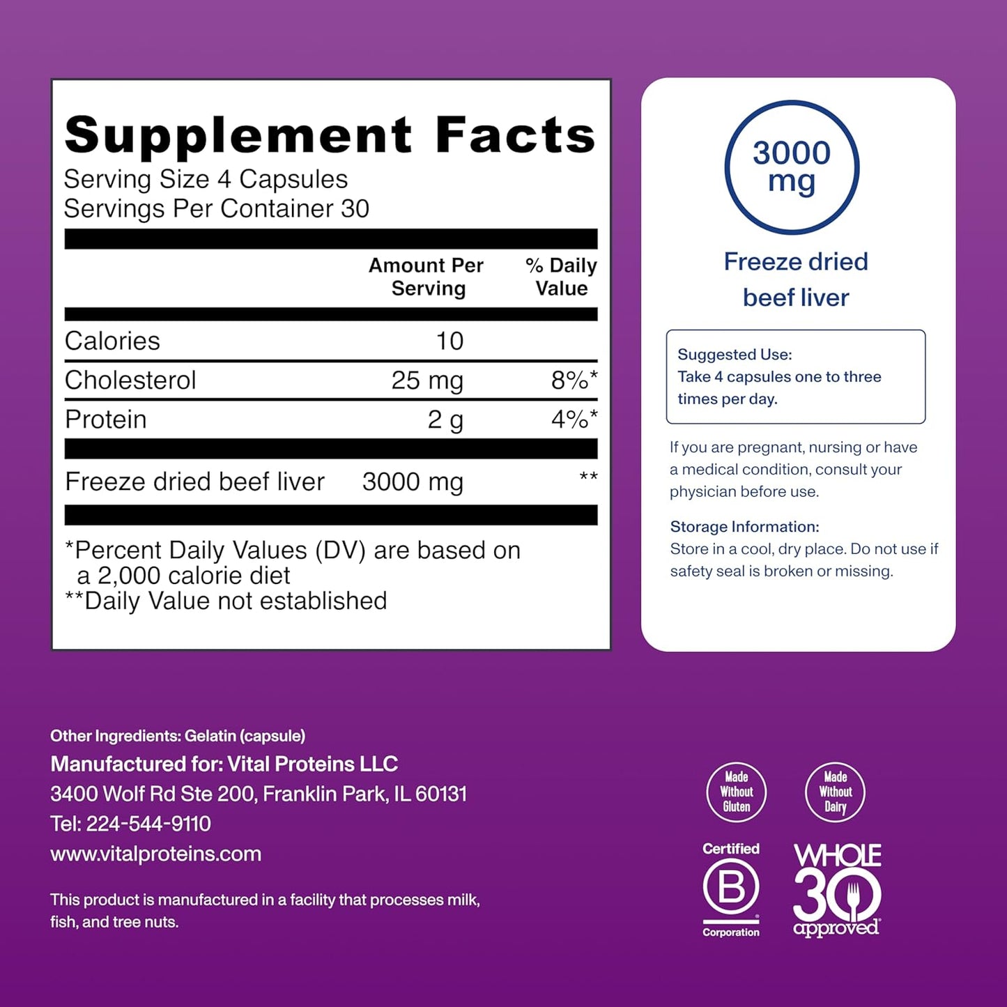 Grass-Fed Desiccated Beef Liver Capsules - 120 Pills, 750mg - Vital Proteins